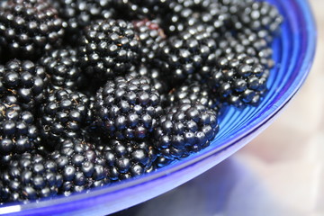 Blackberries in a blue glass dish