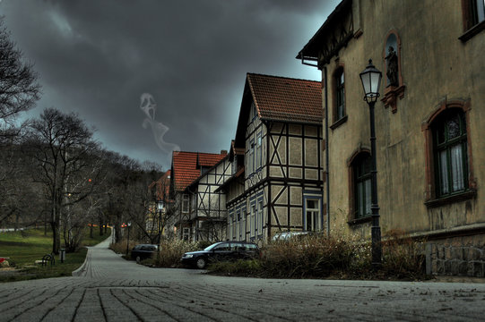Halloween. Ghost in a haunted house in Germany