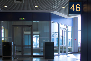 Blue gate 46 in airport terminal, Moscow