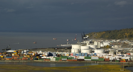 Fototapeta na wymiar Industrial harbor in Anchorage, Alaska