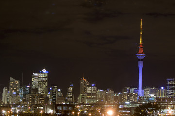 Auckland Sky Tower at Night with city lights