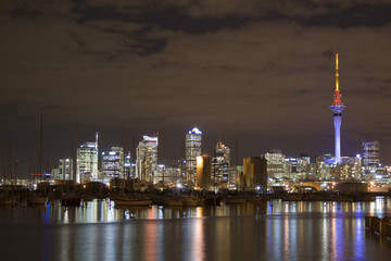 Auckland City CBD at Night with reflections upon water