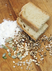 bread, flour and various grains, seeds and cereals