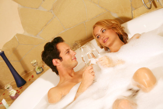 happy couple in bath