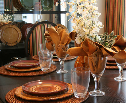 Diningroom table set for Thanksgiving. 