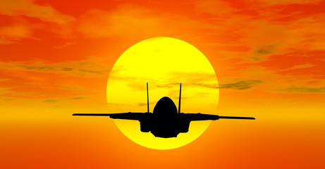 military aircraft with sunset behind