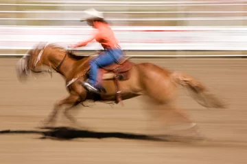 Papier Peint photo Lavable Léquitation Galloping Horse with Cowgirl