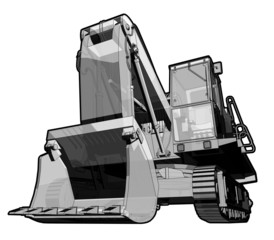 Perspective illustration of a digger in black and white.