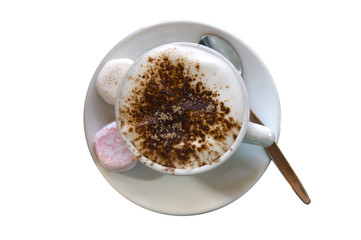 Fluffy, hot chocolate, cappuccino, coffee on white.