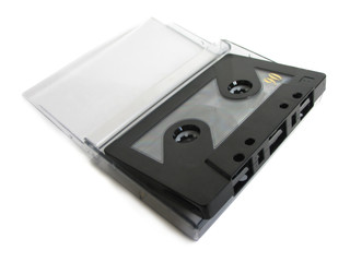 Cassette tape with cassette box on white background