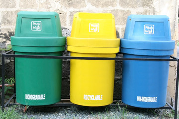 three color coded trash bin for waste segregation