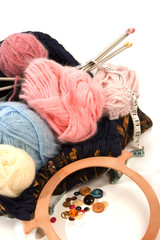 Knitting bag, needles, yarn and buttons