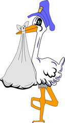stork with newborn baby bag