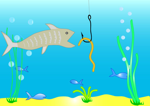 Fish and worm on a hook