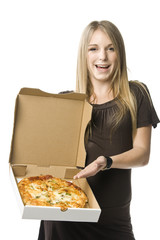 Woman holding pizza