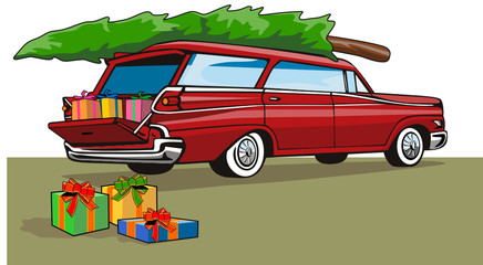 Obraz na płótnie Canvas Station wagon with christmas tree