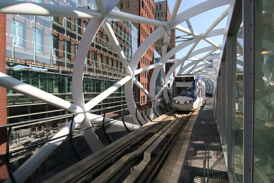 Newly built railway track for speed tram in business district
