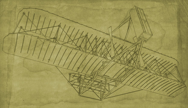 Blueprint style illustration of the first Wright Bothers Glider.