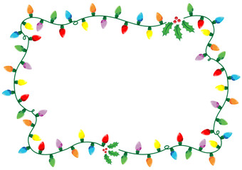 Frame made of Christmas lights and holly over white background