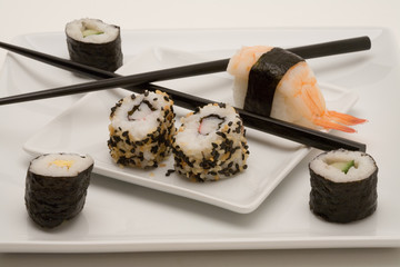 Japanese sushi with chopsticks