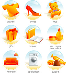 Icon set - shopping related items. Aqua style. Vector 