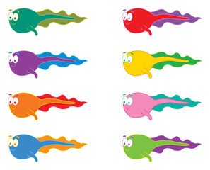 8 swimming colorful tadpoles - cartoon illustration