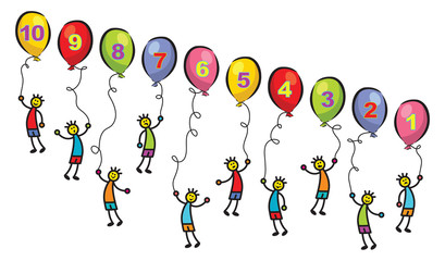 little men with balloons and numbers - cartoon illustration