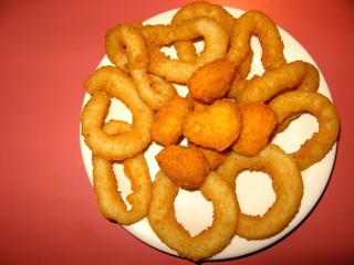 deep fried onion rings and chicken