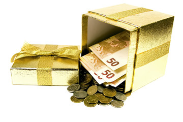 Euro money in golden gift box isolated on white.