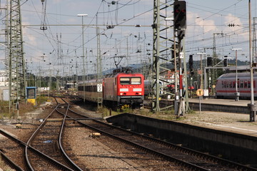 Electric commuter train approaches the station