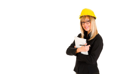 A businesswoman with documents and pencil