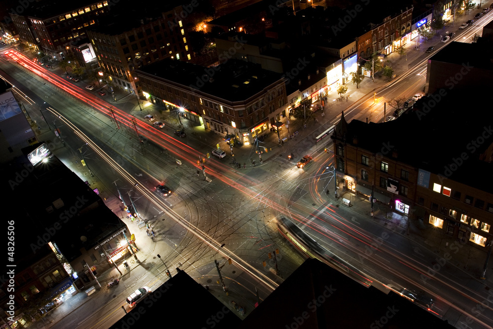 Poster traffic flow at night as seen from a rooftop