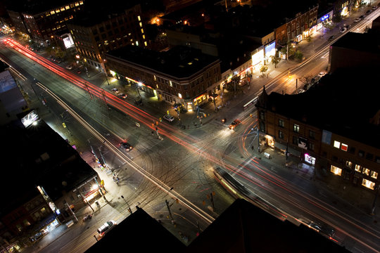 Traffic flow at night as seen from a rooftop