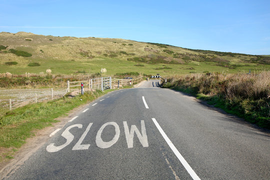 An English Country Road In Cornwall And A Slow Sign.