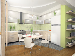 Fototapeta na wymiar Interior of modern kitchen 3D rendering