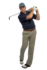 Papier Peint photo Lavable Golf Golfer blue shirt iron shot