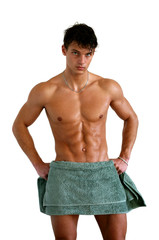 Fototapeta premium Wet Muscular Man Wrapped in Towel Isolated on White