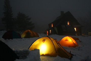 Winter camping at night