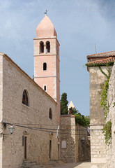 Fototapeta premium Croatia, Rab - St. Justine Church campanile, Gornja street