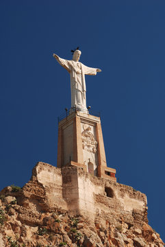 Monteagudo statue and castle in Murcia, Spain.