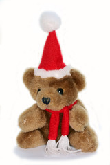 teddy bear in christmas red cap and red scarf