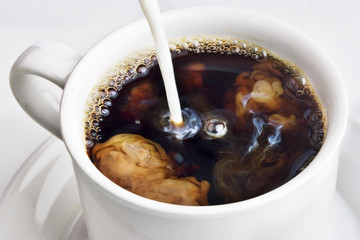 Pouring cream into a cup of coffee 