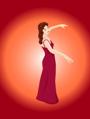 Pensive girl in simple red dress dancing