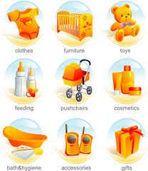 Icon set - baby shopping, clothes, furniture, toys, pushchairs