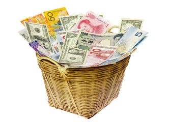 Basket full of currency notes of various countries..