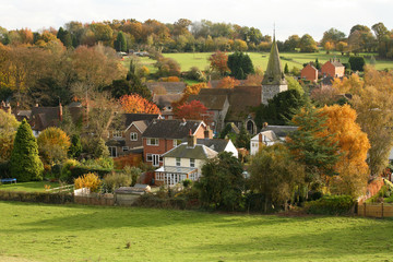 English Village with church in Autumn - obrazy, fototapety, plakaty
