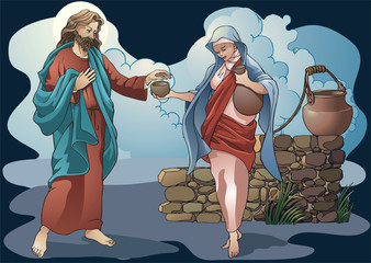 Samaritan gives water to the Christ