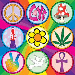 Nine 60s icons on a rainbow background