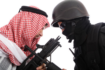 Men with gun fighting against white background