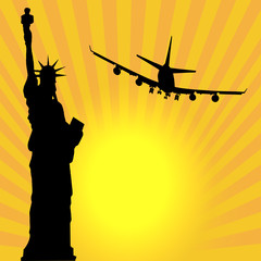 Fototapeta na wymiar Statue of liberty sunset and plane